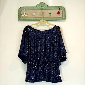 Xscape MidNight blue holiday sequin cold shoulder evening blouse size 14 plus